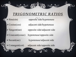 TRIGONOMETRIC RATIOS 
 Sine(sin) opposite side/hypotenuse 
Cosine(cos) adjacent side/hypotenuse 
Tangent(tan) opposite side/adjacent side 
Cosecant(cosec) hypotenuse/opposite side 
 Secant(sec) hypotenuse/adjacent side 
Cotangent(cot) adjacent side/opposite side 
 