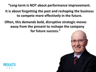 Often, this demands bold, disruptive strategic moves
away from the present to reshape the company
for future success.”
“Long-term is NOT about performance improvement.
It is about forgetting the past and reshaping the business
to compete more effectively in the future.
 