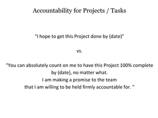 Accountability for Projects / Tasks
“I hope to get this Project done by (date)”
vs.
“You can absolutely count on me to have this Project 100% complete
by (date), no matter what.
I am making a promise to the team
that I am willing to be held firmly accountable for. ”
 
