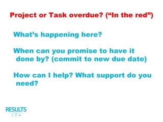 Project or Task overdue? (“In the red”)
What’s happening here?
When can you promise to have it
done by? (commit to new due date)
How can I help? What support do you
need?
 