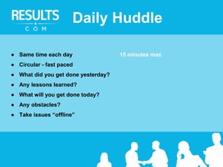 ● Same time each day 15 minutes max
● Circular - fast paced
● What did you get done yesterday?
● Any lessons learned?
● What will you get done today?
● Any obstacles?
● Take issues “offline”
Daily Huddle
 