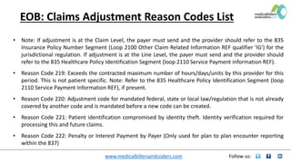 www.medicalbillersandcoders.com Follow us:
EOB: Claims Adjustment Reason Codes List
• Note: If adjustment is at the Claim Level, the payer must send and the provider should refer to the 835
Insurance Policy Number Segment (Loop 2100 Other Claim Related Information REF qualifier 'IG') for the
jurisdictional regulation. If adjustment is at the Line Level, the payer must send and the provider should
refer to the 835 Healthcare Policy Identification Segment (loop 2110 Service Payment information REF).
• Reason Code 219: Exceeds the contracted maximum number of hours/days/units by this provider for this
period. This is not patient specific. Note: Refer to the 835 Healthcare Policy Identification Segment (loop
2110 Service Payment Information REF), if present.
• Reason Code 220: Adjustment code for mandated federal, state or local law/regulation that is not already
covered by another code and is mandated before a new code can be created.
• Reason Code 221: Patient identification compromised by identity theft. Identity verification required for
processing this and future claims.
• Reason Code 222: Penalty or Interest Payment by Payer (Only used for plan to plan encounter reporting
within the 837)
 