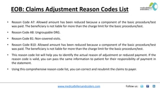 www.medicalbillersandcoders.com Follow us:
EOB: Claims Adjustment Reason Codes List
• Reason Code A7: Allowed amount has been reduced because a component of the basic procedure/test
was paid. The beneficiary is not liable for more than the charge limit for the basic procedure/test.
• Reason Code A8: Ungroupable DRG.
• Reason Code B1: Non-covered visits.
• Reason Code B10: Allowed amount has been reduced because a component of the basic procedure/test
was paid. The beneficiary is not liable for more than the charge limit for the basic procedure/test.
• This reason code list will help you to identify the actual reason of adjustment or reduced payment. If the
reason code is valid, you can pass the same information to patient for their responsibility of payment in
the statement.
• Using this comprehensive reason code list, you can correct and resubmit the claims to payer.
 