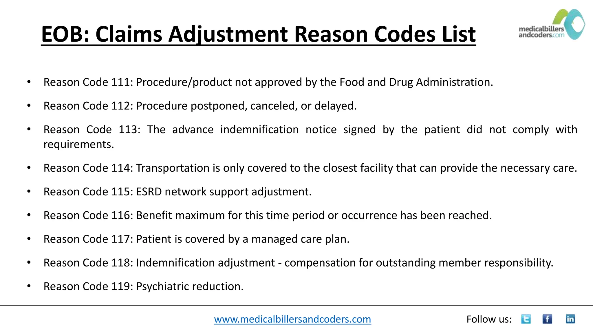 www.medicalbillersandcoders.com Follow us:
EOB: Claims Adjustment Reason Codes List
• Reason Code 111: Procedure/product not approved by the Food and Drug Administration.
• Reason Code 112: Procedure postponed, canceled, or delayed.
• Reason Code 113: The advance indemnification notice signed by the patient did not comply with
requirements.
• Reason Code 114: Transportation is only covered to the closest facility that can provide the necessary care.
• Reason Code 115: ESRD network support adjustment.
• Reason Code 116: Benefit maximum for this time period or occurrence has been reached.
• Reason Code 117: Patient is covered by a managed care plan.
• Reason Code 118: Indemnification adjustment - compensation for outstanding member responsibility.
• Reason Code 119: Psychiatric reduction.
 