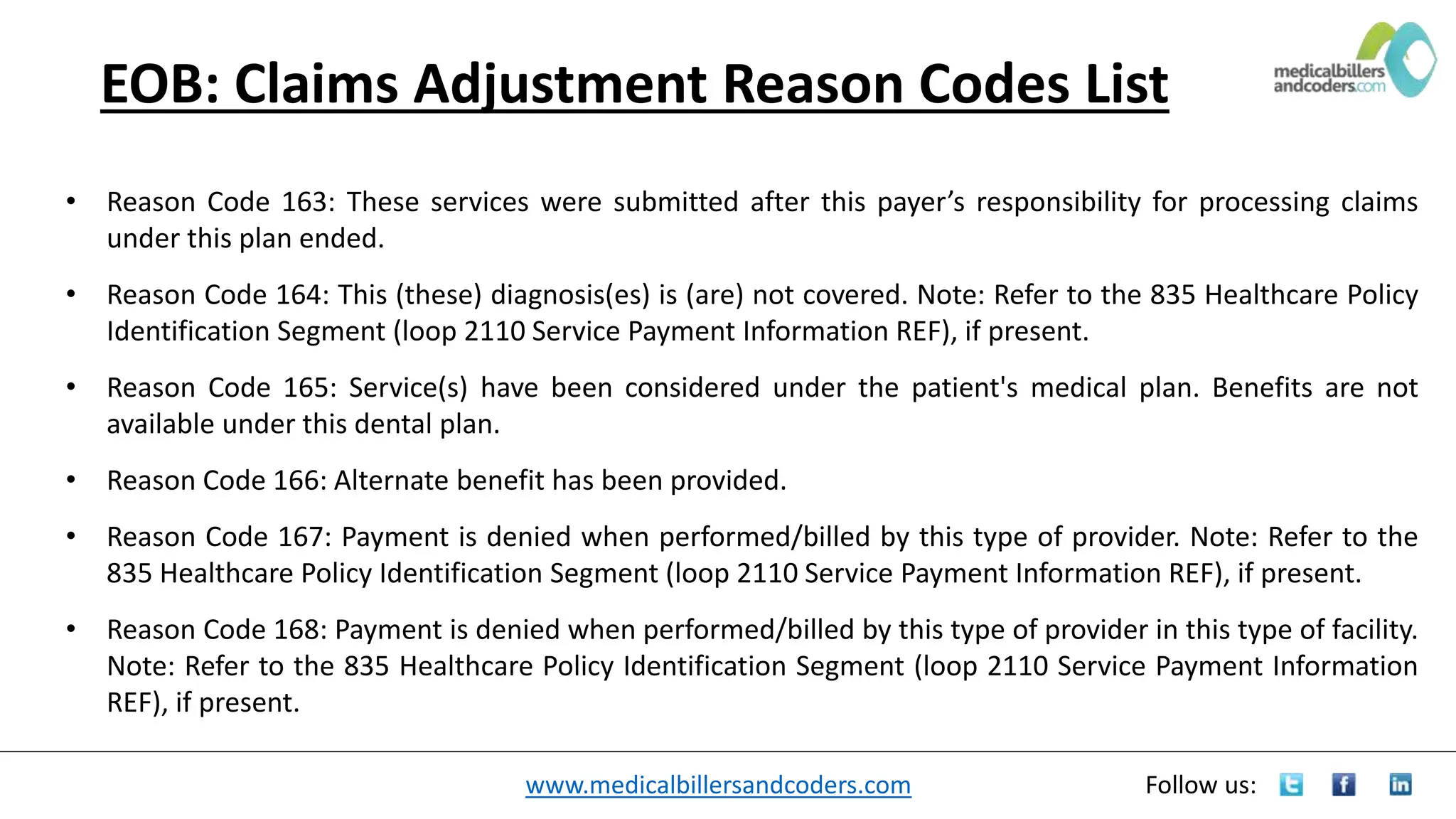 www.medicalbillersandcoders.com Follow us:
EOB: Claims Adjustment Reason Codes List
• Reason Code 163: These services were submitted after this payer’s responsibility for processing claims
under this plan ended.
• Reason Code 164: This (these) diagnosis(es) is (are) not covered. Note: Refer to the 835 Healthcare Policy
Identification Segment (loop 2110 Service Payment Information REF), if present.
• Reason Code 165: Service(s) have been considered under the patient's medical plan. Benefits are not
available under this dental plan.
• Reason Code 166: Alternate benefit has been provided.
• Reason Code 167: Payment is denied when performed/billed by this type of provider. Note: Refer to the
835 Healthcare Policy Identification Segment (loop 2110 Service Payment Information REF), if present.
• Reason Code 168: Payment is denied when performed/billed by this type of provider in this type of facility.
Note: Refer to the 835 Healthcare Policy Identification Segment (loop 2110 Service Payment Information
REF), if present.
 