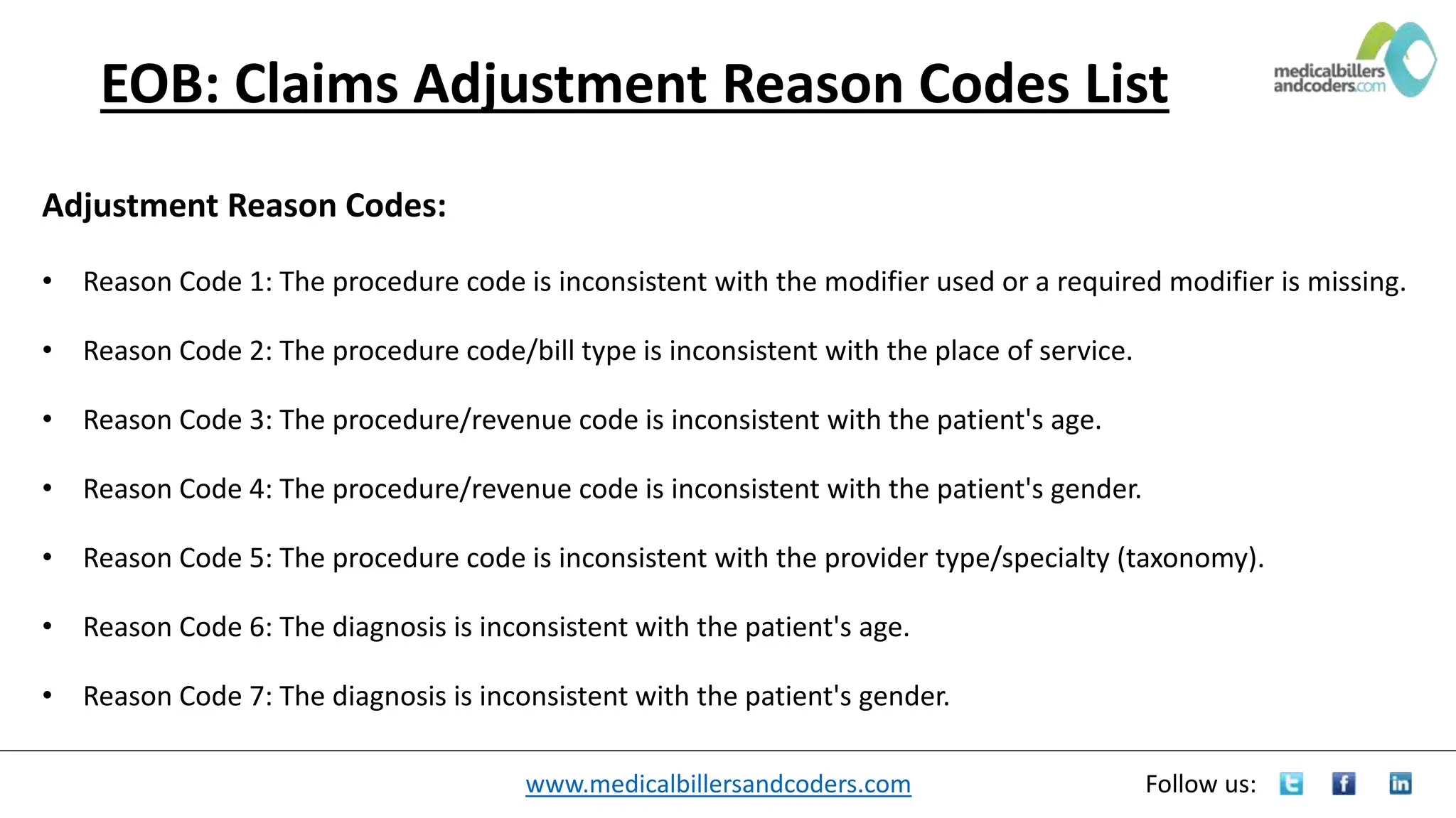 www.medicalbillersandcoders.com Follow us:
EOB: Claims Adjustment Reason Codes List
Adjustment Reason Codes:
• Reason Code 1: The procedure code is inconsistent with the modifier used or a required modifier is missing.
• Reason Code 2: The procedure code/bill type is inconsistent with the place of service.
• Reason Code 3: The procedure/revenue code is inconsistent with the patient's age.
• Reason Code 4: The procedure/revenue code is inconsistent with the patient's gender.
• Reason Code 5: The procedure code is inconsistent with the provider type/specialty (taxonomy).
• Reason Code 6: The diagnosis is inconsistent with the patient's age.
• Reason Code 7: The diagnosis is inconsistent with the patient's gender.
 