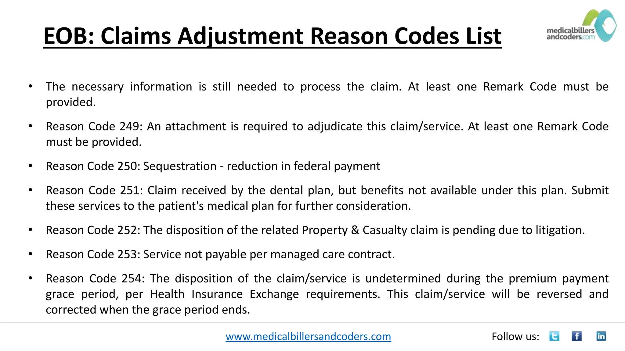 www.medicalbillersandcoders.com Follow us:
EOB: Claims Adjustment Reason Codes List
• The necessary information is still needed to process the claim. At least one Remark Code must be
provided.
• Reason Code 249: An attachment is required to adjudicate this claim/service. At least one Remark Code
must be provided.
• Reason Code 250: Sequestration - reduction in federal payment
• Reason Code 251: Claim received by the dental plan, but benefits not available under this plan. Submit
these services to the patient's medical plan for further consideration.
• Reason Code 252: The disposition of the related Property & Casualty claim is pending due to litigation.
• Reason Code 253: Service not payable per managed care contract.
• Reason Code 254: The disposition of the claim/service is undetermined during the premium payment
grace period, per Health Insurance Exchange requirements. This claim/service will be reversed and
corrected when the grace period ends.
 