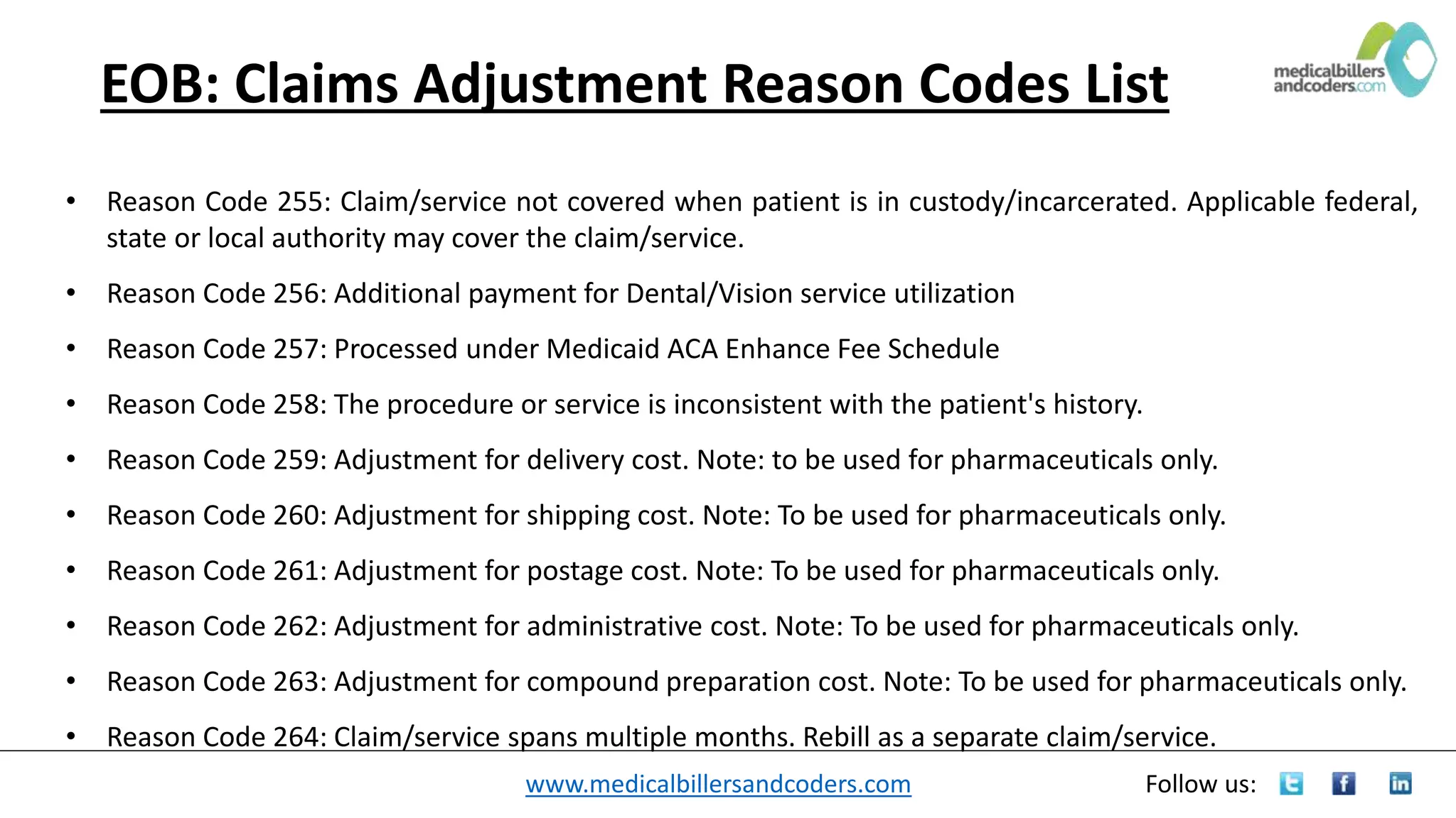 www.medicalbillersandcoders.com Follow us:
EOB: Claims Adjustment Reason Codes List
• Reason Code 255: Claim/service not covered when patient is in custody/incarcerated. Applicable federal,
state or local authority may cover the claim/service.
• Reason Code 256: Additional payment for Dental/Vision service utilization
• Reason Code 257: Processed under Medicaid ACA Enhance Fee Schedule
• Reason Code 258: The procedure or service is inconsistent with the patient's history.
• Reason Code 259: Adjustment for delivery cost. Note: to be used for pharmaceuticals only.
• Reason Code 260: Adjustment for shipping cost. Note: To be used for pharmaceuticals only.
• Reason Code 261: Adjustment for postage cost. Note: To be used for pharmaceuticals only.
• Reason Code 262: Adjustment for administrative cost. Note: To be used for pharmaceuticals only.
• Reason Code 263: Adjustment for compound preparation cost. Note: To be used for pharmaceuticals only.
• Reason Code 264: Claim/service spans multiple months. Rebill as a separate claim/service.
 