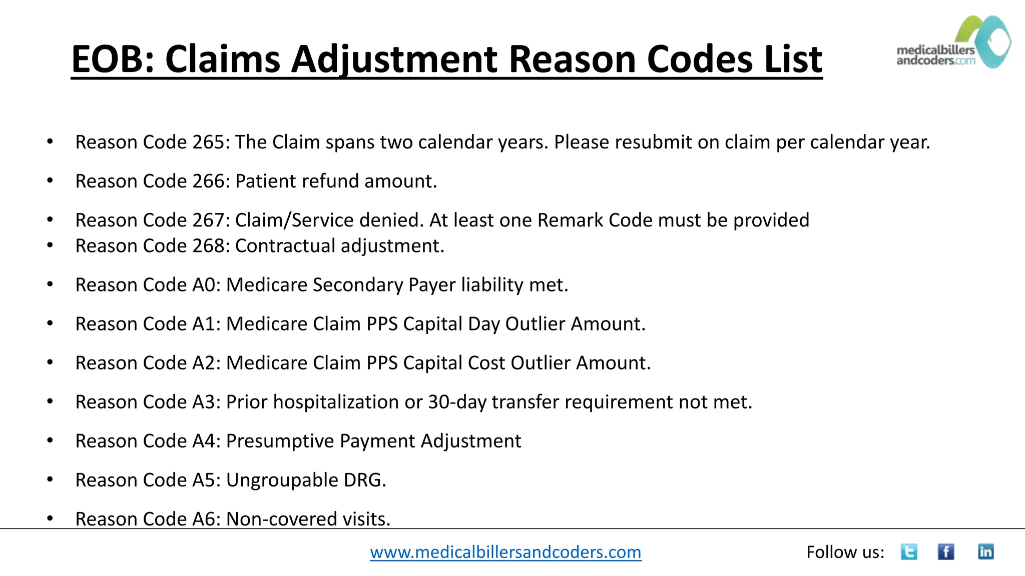 www.medicalbillersandcoders.com Follow us:
EOB: Claims Adjustment Reason Codes List
• Reason Code 265: The Claim spans two calendar years. Please resubmit on claim per calendar year.
• Reason Code 266: Patient refund amount.
• Reason Code 267: Claim/Service denied. At least one Remark Code must be provided
• Reason Code 268: Contractual adjustment.
• Reason Code A0: Medicare Secondary Payer liability met.
• Reason Code A1: Medicare Claim PPS Capital Day Outlier Amount.
• Reason Code A2: Medicare Claim PPS Capital Cost Outlier Amount.
• Reason Code A3: Prior hospitalization or 30-day transfer requirement not met.
• Reason Code A4: Presumptive Payment Adjustment
• Reason Code A5: Ungroupable DRG.
• Reason Code A6: Non-covered visits.
 