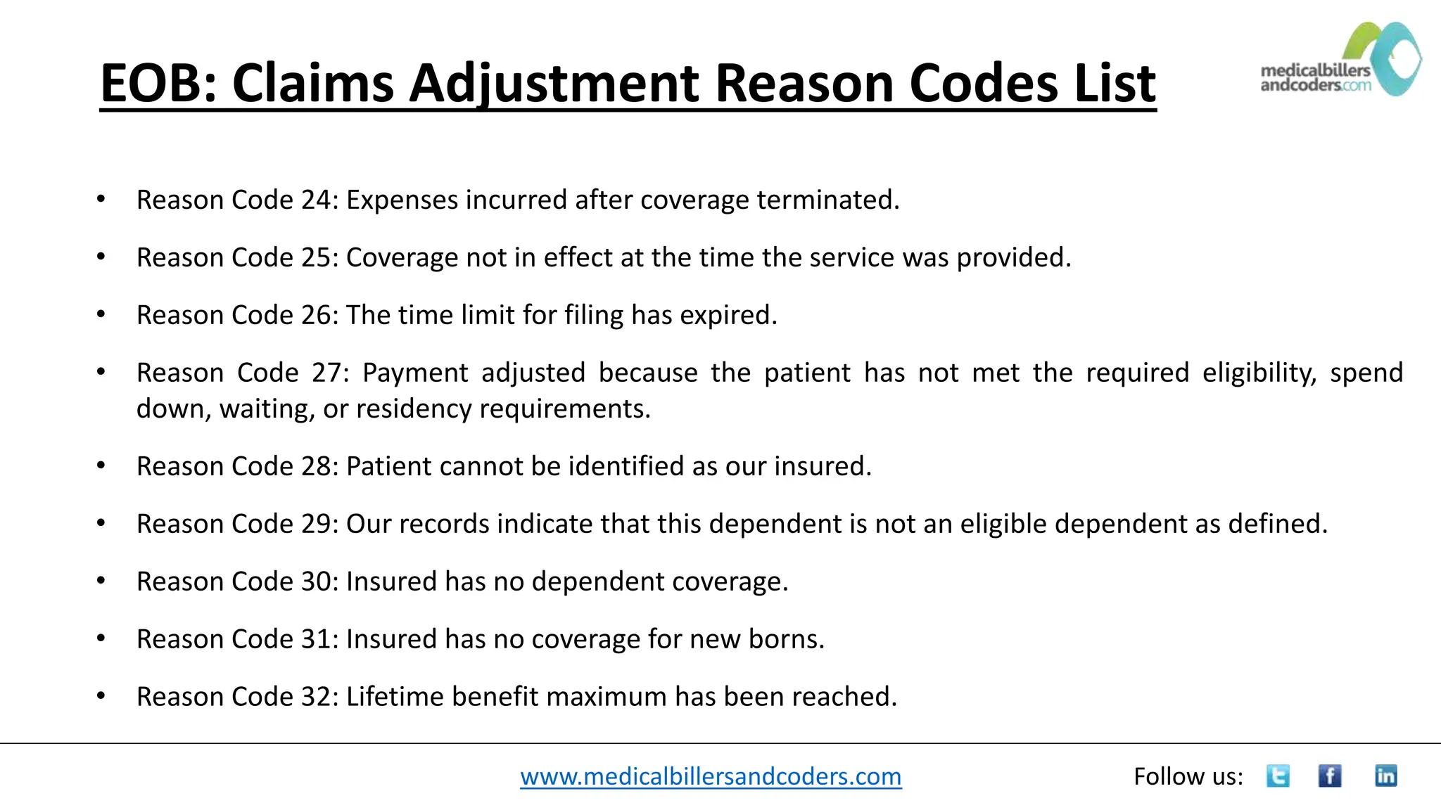 www.medicalbillersandcoders.com Follow us:
EOB: Claims Adjustment Reason Codes List
• Reason Code 24: Expenses incurred after coverage terminated.
• Reason Code 25: Coverage not in effect at the time the service was provided.
• Reason Code 26: The time limit for filing has expired.
• Reason Code 27: Payment adjusted because the patient has not met the required eligibility, spend
down, waiting, or residency requirements.
• Reason Code 28: Patient cannot be identified as our insured.
• Reason Code 29: Our records indicate that this dependent is not an eligible dependent as defined.
• Reason Code 30: Insured has no dependent coverage.
• Reason Code 31: Insured has no coverage for new borns.
• Reason Code 32: Lifetime benefit maximum has been reached.
 