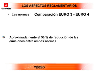 LOS ASPECTOS REGLAMENTARIOS
CITROËN


    • Las normas     Comparación EURO 3 - EURO 4




      Aproximadamente el 50 % de reducción de las
      emisiones entre ambas normas




                     MODULO 7
                      EOBD
 