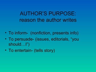 AUTHOR’S PURPOSE: reason the author writes To inform-  (nonfiction, presents info) To persuade- (issues, editorials, “you should…I”) To entertain- (tells story) 