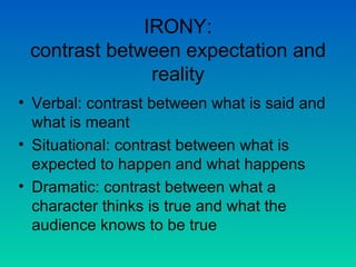 IRONY: contrast between expectation and reality Verbal: contrast between what is said and what is meant Situational: contrast between what is expected to happen and what happens Dramatic: contrast between what a character thinks is true and what the audience knows to be true 