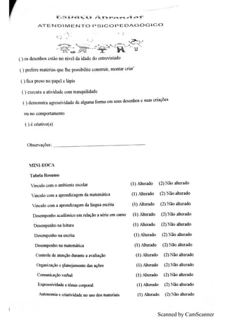 Scanned by CamScanner
J
月
七， 년参磺汐圈ヨ遍喝ノ良多 ノ척以下厂恥 吖・
ギ ・ 节广内 侧 叫華 ・
下
。
A T " N D  M E N 丁 0 P S ıc o P E D A G Ó G ıC O
0 o s de s e n h o s e stilo n o n iv e lda ida de do e n u e v is ta do
0 p te Ř r e m a téń a s q u e th e p o s s ib ilite c o n s tru ir ,
m o n ta r c ń a r
'
() tic a p re s o n o p a p e l e láp is
() e x e c u ta a a tiv id a de c o m tr a n q u ilida d e
( ) de m o n s tr a a gre s s iv ida d e de a lg u m a fo rm a e m s e u s de s e n h o s e su a s c ria qõe s
o u n o c o m p o r ta m e n to
( ) é c ń a tŃ o (a )
O b s e r v a qõ e s
N I]N T E O C A
T a b e la R e s u m o
V in c u lo c o m o a m bie n te e s c o la r (1) A lte r a do (2)N ão a lte r a do
V in c u lo c o m a a pre n diz a ge m da m a te m átic a (1) A lte r a d o (2 )N ão a lte r a do
V in c u lo c o m a a pre n diz a g e ın da lin gu a e s c r ita (1) A lte r a do (2 )N âio a lte r a d o
D e se m p e n h o a c a dêm ic o e m r e la qão a s érie c llıc u r s o (1) A lte r a do (2 )N ão a lte r a d o
D e s e m p e n h o n a le itu r a (1) A lte r a d o (2 )N ão a lte r a d o
D e s e m p e n h o n a e s c ń ta (1) A lte r a do (2 )N ão a lte r a do
D e s e m p e n h o n a m a te m átic a (1)A tte r a do (2 )N ão a ıte r a d o
C o n tr o le de a te n ção d u r a n te a a v a lia ção (1) A lte r a do (2 )N ão a lte r a d o
O rga n iz a ção e p ıa n e ja m m to da s a qõe s (1) A lte r a d o (2 )N ão a lte r a do
C o m u n ic a ção v e rb a l (1) A lte r a d o (2 )N ão a lte r a d o
x p r es s i vi dad e- tônu s co r po r a l ( 1) Al ter a d o ( 2) Nã o al ter a d o
A u to n o m ia e c r ia tiv id a de n o w do s m a te r ia is (1) A lte r a d o (2 )N ilo a ıte r a d o
 