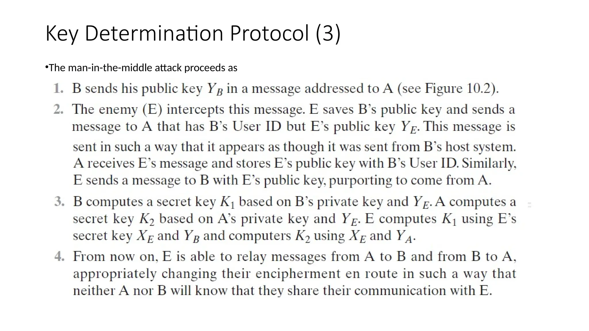 Key Determination Protocol (3)
•The man-in-the-middle attack proceeds as
 