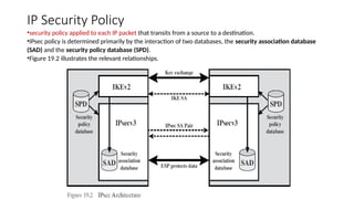 IP Security Policy
•security policy applied to each IP packet that transits from a source to a destination.
•IPsec policy is determined primarily by the interaction of two databases, the security association database
(SAD) and the security policy database (SPD).
•Figure 19.2 illustrates the relevant relationships.
 