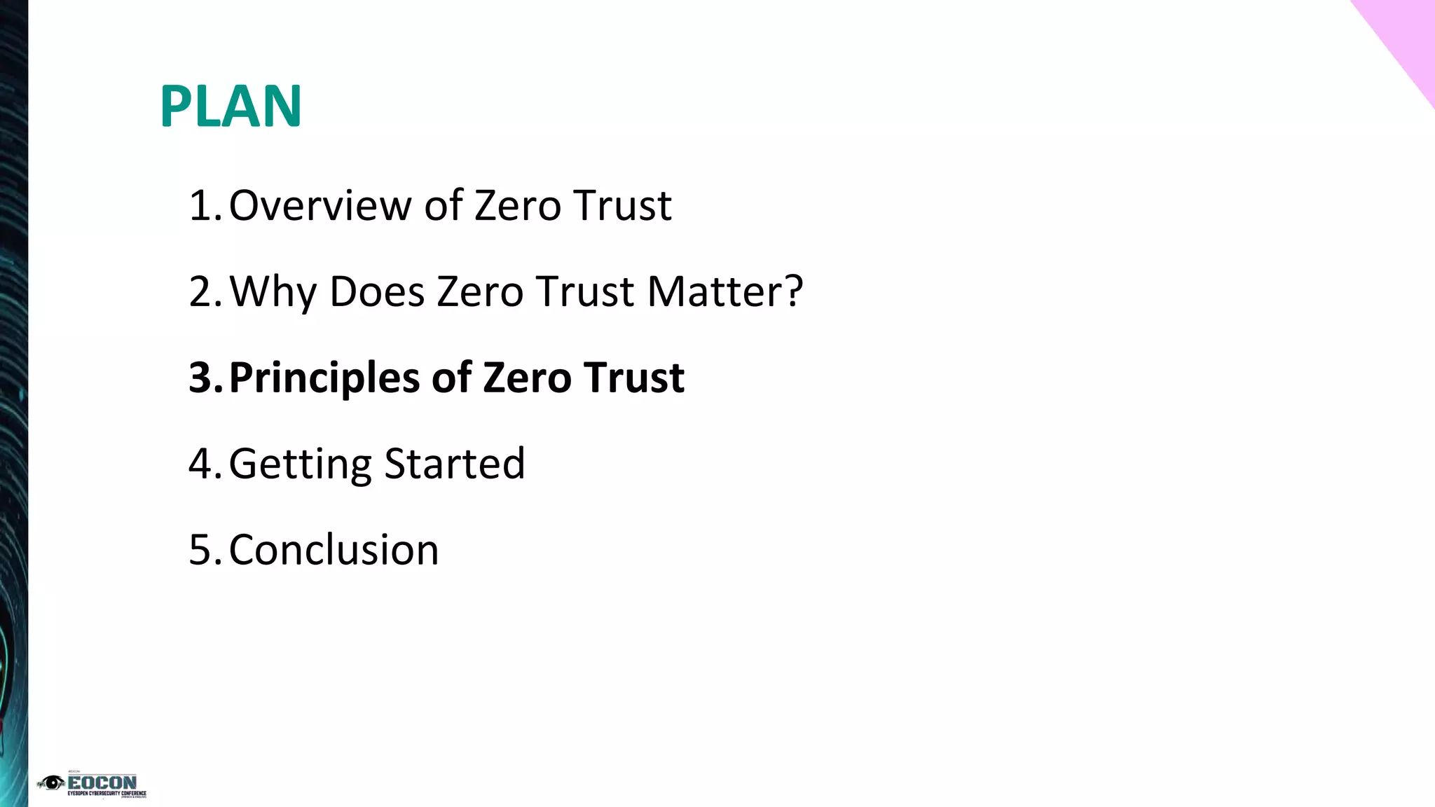 1.Overview of Zero Trust
2.Why Does Zero Trust Matter?
3.Principles of Zero Trust
4.Getting Started
5.Conclusion
PLAN
 