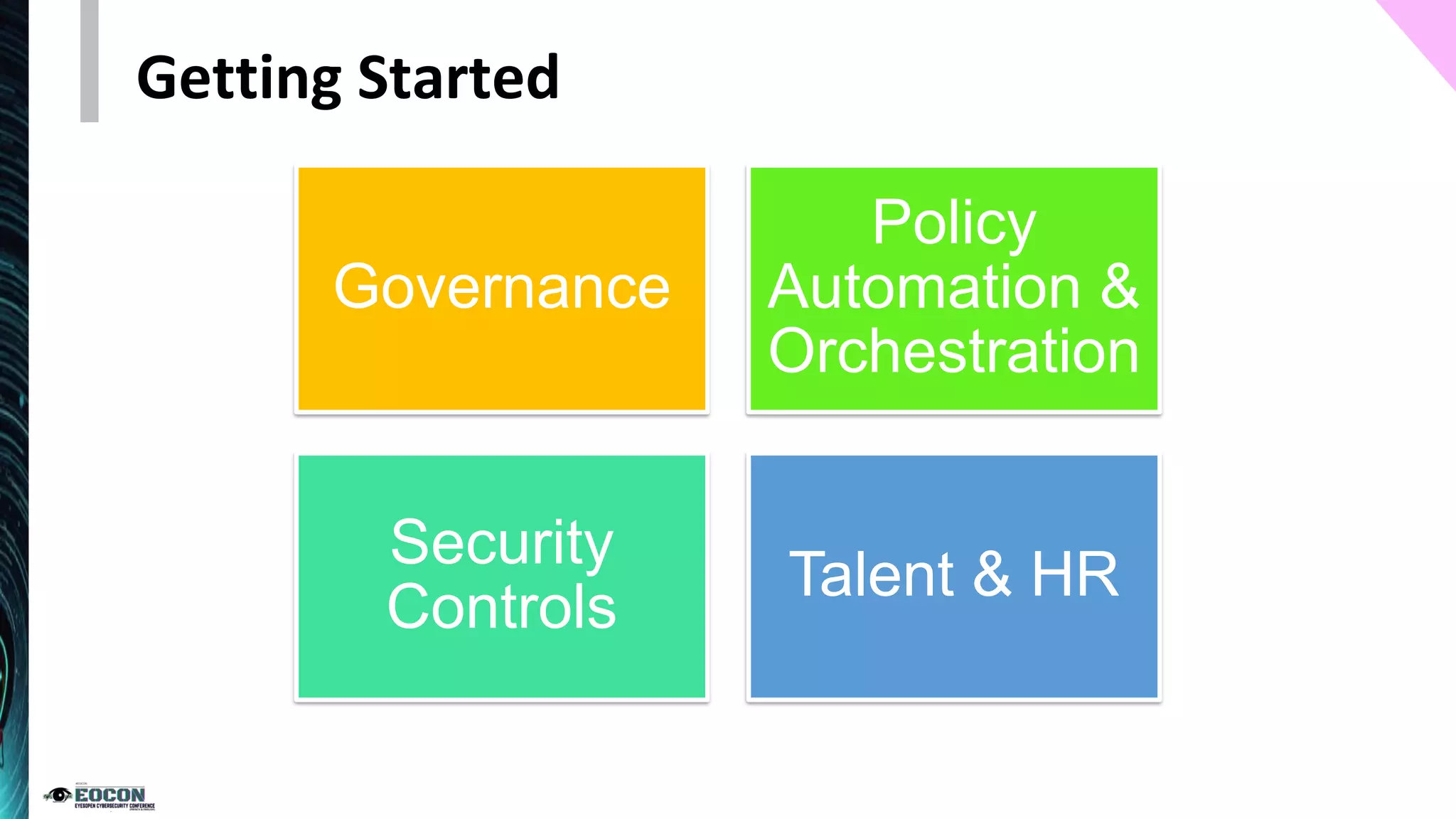 Getting Started
Governance
Policy
Automation &
Orchestration
Security
Controls
Talent & HR
 