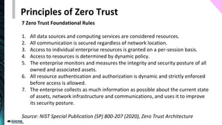 7 Zero Trust Foundational Rules
1. All data sources and computing services are considered resources.
2. All communication is secured regardless of network location.
3. Access to individual enterprise resources is granted on a per-session basis.
4. Access to resources is determined by dynamic policy.
5. The enterprise monitors and measures the integrity and security posture of all
owned and associated assets.
6. All resource authentication and authorization is dynamic and strictly enforced
before access is allowed.
7. The enterprise collects as much information as possible about the current state
of assets, network infrastructure and communications, and uses it to improve
its security posture.
Source: NIST Special Publication (SP) 800-207 (2020), Zero Trust Architecture
Principles of Zero Trust
 