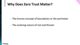 Why Does Zero Trust Matter?
• The human concept of boundaries or the perimeter
• The evolving nature of risk and threats
 
