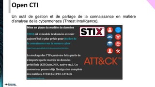 Open CTI
Un outil de gestion et de partage de la connaissance en matière
d’analyse de la cybermenace (Threat Intelligence).
 
