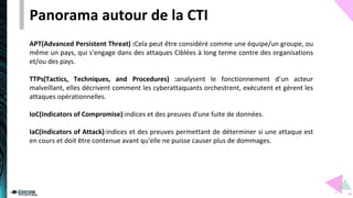 Panorama autour de la CTI
APT(Advanced Persistent Threat) :Cela peut être considéré comme une équipe/un groupe, ou
même un pays, qui s'engage dans des attaques Ciblées à long terme contre des organisations
et/ou des pays.
TTPs(Tactics, Techniques, and Procedures) :analysent le fonctionnement d’un acteur
malveillant, elles décrivent comment les cyberattaquants orchestrent, exécutent et gèrent les
attaques opérationnelles.
IoC(Indicators of Compromise):indices et des preuves d'une fuite de données.
IaC(Indicators of Attack):indices et des preuves permettant de déterminer si une attaque est
en cours et doit être contenue avant qu'elle ne puisse causer plus de dommages.
 