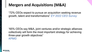“72% CEOs expect to pursue an acquisition seeking revenue
growth, talent and transformations” EY 2022 CEO Survey
“65% CEOs say M&A, joint ventures and/or strategic alliances
collectively will form the most important strategy for achieving
three-year growth objectives”
KPMG
Mergers and Acquisitions (M&A)
 