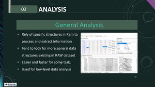 ANALYSIS
03
General Analysis.
• Rely of specific structures in Ram to
process and extract information
• Tend to look for m...
