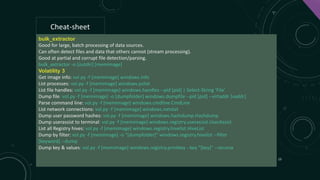 bulk_extractor
Good for large, batch processing of data sources.
Can often detect files and data that others cannot (strea...