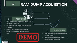 ACQUISITION
RAM DUMP ACQUISITION
02
VERIFICATION
- Live acquisition to storage when the
target system is on
- Hibernating ...