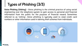 Types of Phishing (3/3)
Voice Phishing (Vishing) - Voice phishing is the criminal practice of using social
engineering over the telephone system to gain access to personal and financial
information from the public for the purpose of financial reward. Sometimes
referred to as 'vishing’, Voice phishing is typically used to steal credit card
numbers or other information used in identity theft schemes from individuals.
 