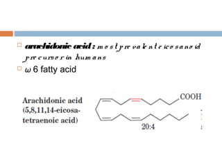  arachidonic acid: m o st pre vale nt e ico sano id
pre curso r in hum ans
 ω 6 fatty acid
 