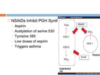  NSAIDs Inhibit PGH Synthase
 Aspirin
 Acetylation of serine 530
 Tyrosine 385
 Low doses of aspirin
 Triggers asthma
 