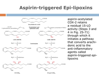 aspirin-acetylated
COX-2 retains
a residual 15-LO
activity (Steps 3 and
4 in Fig. 25-71)
through which it
initiates a pathway
that converts arachi-
donic acid to the
anti-inflammatory
agents called
aspirin-triggered epi-
lipoxins
Aspirin-triggered Epi-lipoxins
 