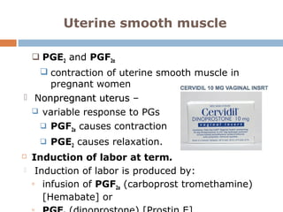 Uterine smooth muscle
 PGE2 and PGF2α
 contraction of uterine smooth muscle in
pregnant women
 Nonpregnant uterusonpregnant uterus –
 variable response to PGs
 PGF2a causes contraction
 PGE2 causes relaxation.
 Induction of labor at term.
 Induction of labor is produced by:
 infusion of PGF2a (carboprost tromethamine)
[Hemabate] or
 