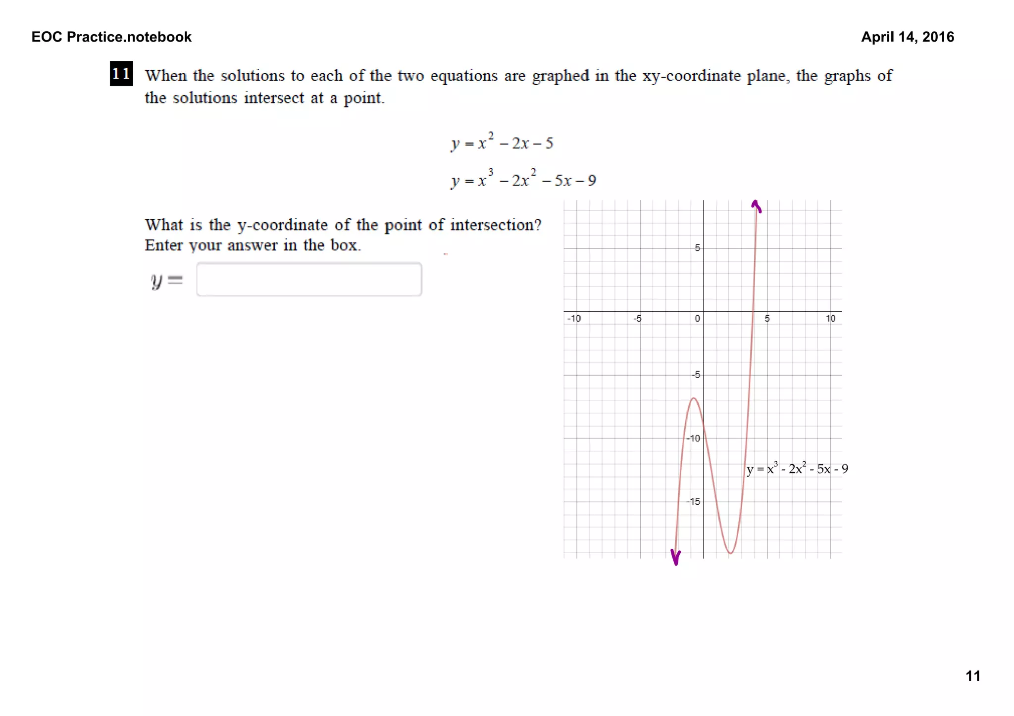 EOC Practice.notebook
11
April 14, 2016
y = x
3
 ‑ 2x
2
 ‑ 5x ‑ 9
 