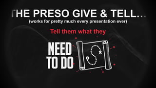 THE PRESO GIVE & TELL…
(works for pretty much every presentation ever)
Tell them what they
 