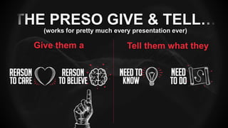 THE PRESO GIVE & TELL…
(works for pretty much every presentation ever)
Tell them what theyGive them a
 