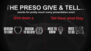 THE PRESO GIVE & TELL…
(works for pretty much every presentation ever)
Tell them what theyGive them a
 