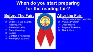 When do you start preparing
for the reading fair?
Before The Fair:
1. Date
2. Order: Tri-fold boards,
ribbons, etc.
1. Promote to kids
2. Parent Meeting
3. Judges
4. Contact & Announce
5. Permission to photo
After the Fair:
1. Photos: newspaper, website
2. Awards Program
3. Open House
4. Projects Picked up
5. Thank Yous
 