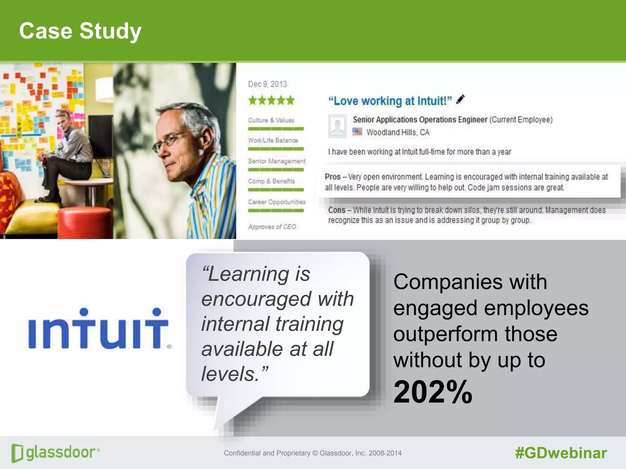 Confidential and Proprietary © Glassdoor, Inc. 2008-2014 #GDwebinar
“Learning is
encouraged with
internal training
available at all
levels.”
Companies with
engaged employees
outperform those
without by up to
202%
Case Study
 