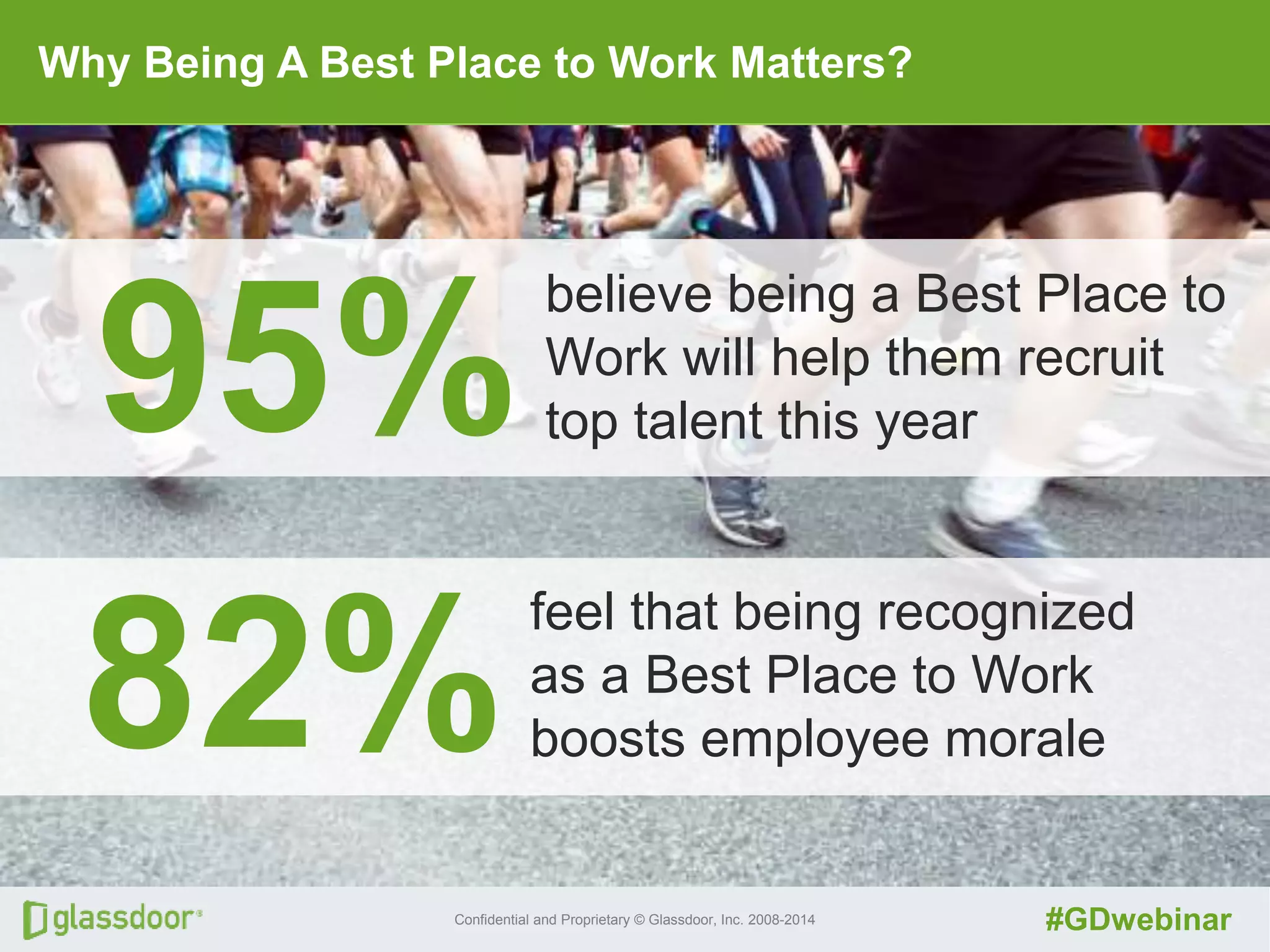 Confidential and Proprietary © Glassdoor, Inc. 2008-2014 #GDwebinar
feel that being recognized
as a Best Place to Work
boosts employee morale82%
believe being a Best Place to
Work will help them recruit
top talent this year95%
Why Being A Best Place to Work Matters?
 