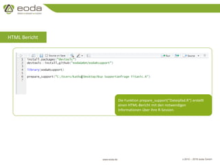 © 2010 – 2016 eoda GmbHwww.eoda.de
HTML Bericht
Die Funktion prepare_support(“Dateipfad.R“) erstellt
einen HTML-Bericht mit den notwendigen
Informationen über Ihre R-Session.
 
