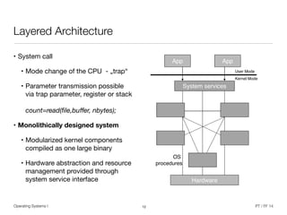 Operating Systems I PT / FF 14
Layered Architecture
• System call

• Mode change of the CPU - „trap“

• Parameter transmission possible
via trap parameter, register or stack 
 
count=read(ﬁle,buﬀer, nbytes);

• Monolithically designed system
• Modularized kernel components
compiled as one large binary

• Hardware abstraction and resource
management provided through
system service interface
12
Structuring of Operating SystemsStructuring of Operating Systems
Monolithical systemsMonolithical systems
UnstructuredUnstructured
Supervisor callSupervisor call changeschanges
App App
System services
User Mode
Kernel Mode
34
fromfrom user mode inuser mode intoto
kernel modekernel mode
Hardware
OS
procedures
 