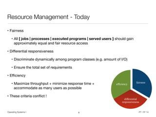 Operating Systems I PT / FF 14
Resource Management - Today
• Fairness

• All [ jobs | processes | executed programs | served users ] should gain
approximately equal and fair resource access

• Diﬀerential responsiveness

• Discriminate dynamically among program classes (e.g. amount of I/O)

• Ensure the total set of requirements

• Eﬃciency

• Maximize throughput + minimize response time + 
accommodate as many users as possible

• These criteria conﬂict !
9
fairness
differential
responsiveness
efficiency
 