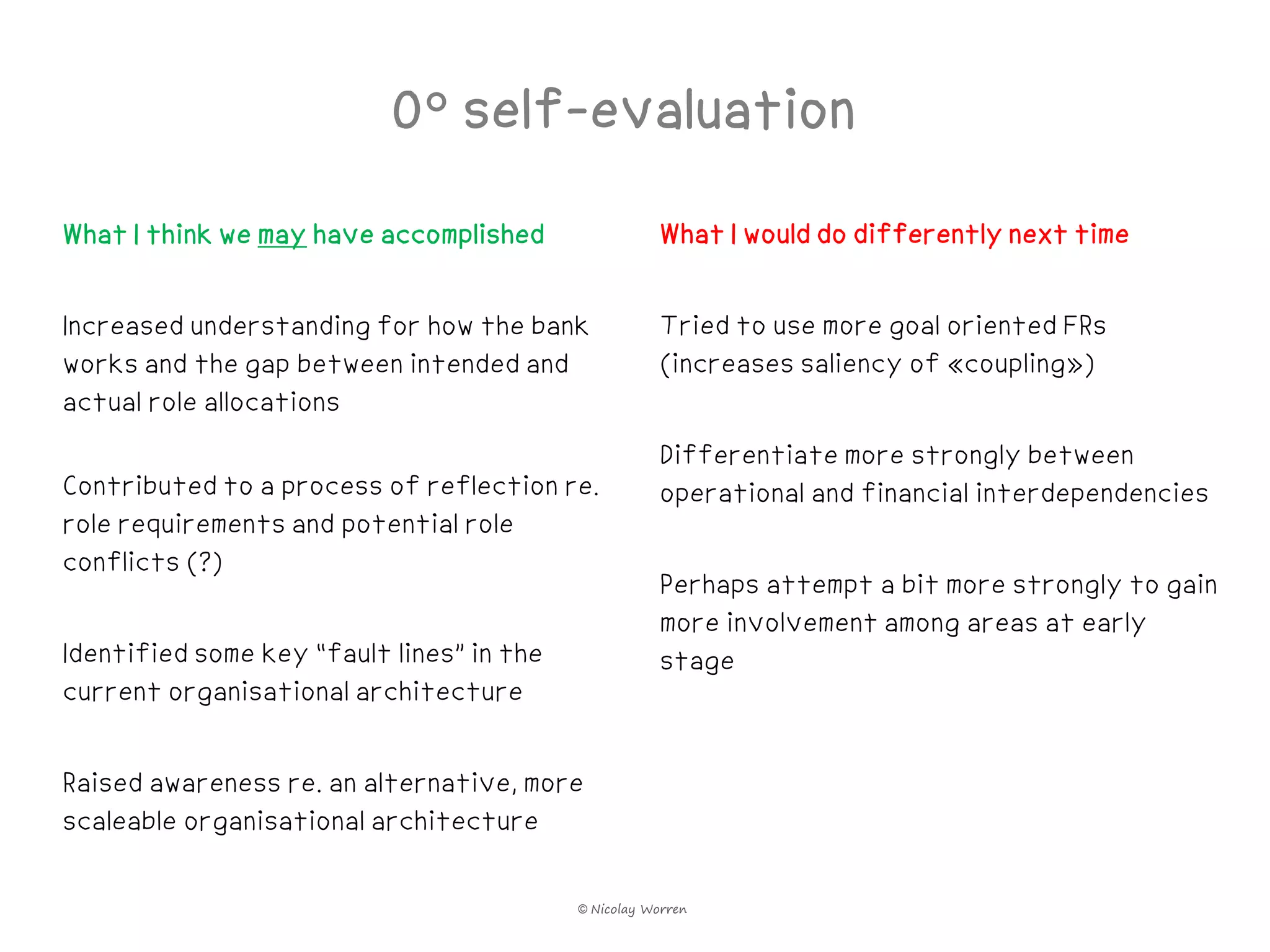 0° self-evaluation
What I think we may have accomplished                 What I would do differently next time

Increased understanding for how the bank              Tried to use more goal oriented FRs
works and the gap between intended and                (increases saliency of «coupling»)
actual role allocations
                                                      Differentiate more strongly between
Contributed to a process of reflection re.            operational and financial interdependencies
role requirements and potential role
conflicts (?)
                                                      Perhaps attempt a bit more strongly to gain
                                                      more involvement among areas at early
Identified some key “fault lines” in the              stage
current organisational architecture

Raised awareness re. an alternative, more
scaleable organisational architecture

                                           © Nicolay Worren
 