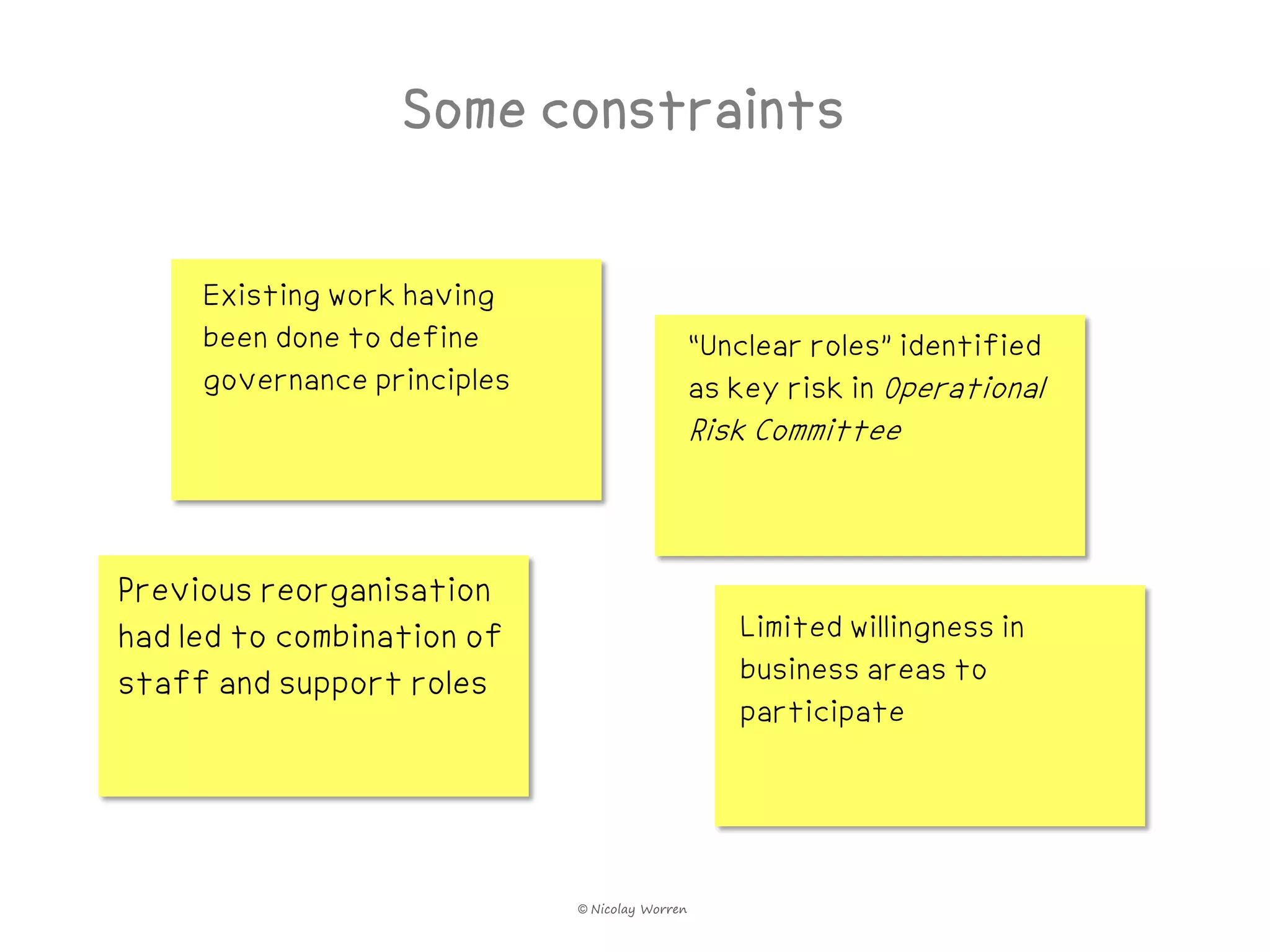 Some constraints

     Existing work having
     been done to define                        “Unclear roles” identified
     governance principles                      as key risk in Operational
                                                Risk Committee



Previous reorganisation
had led to combination of                          Limited willingness in
staff and support roles                            business areas to
                                                   participate




                             © Nicolay Worren
 