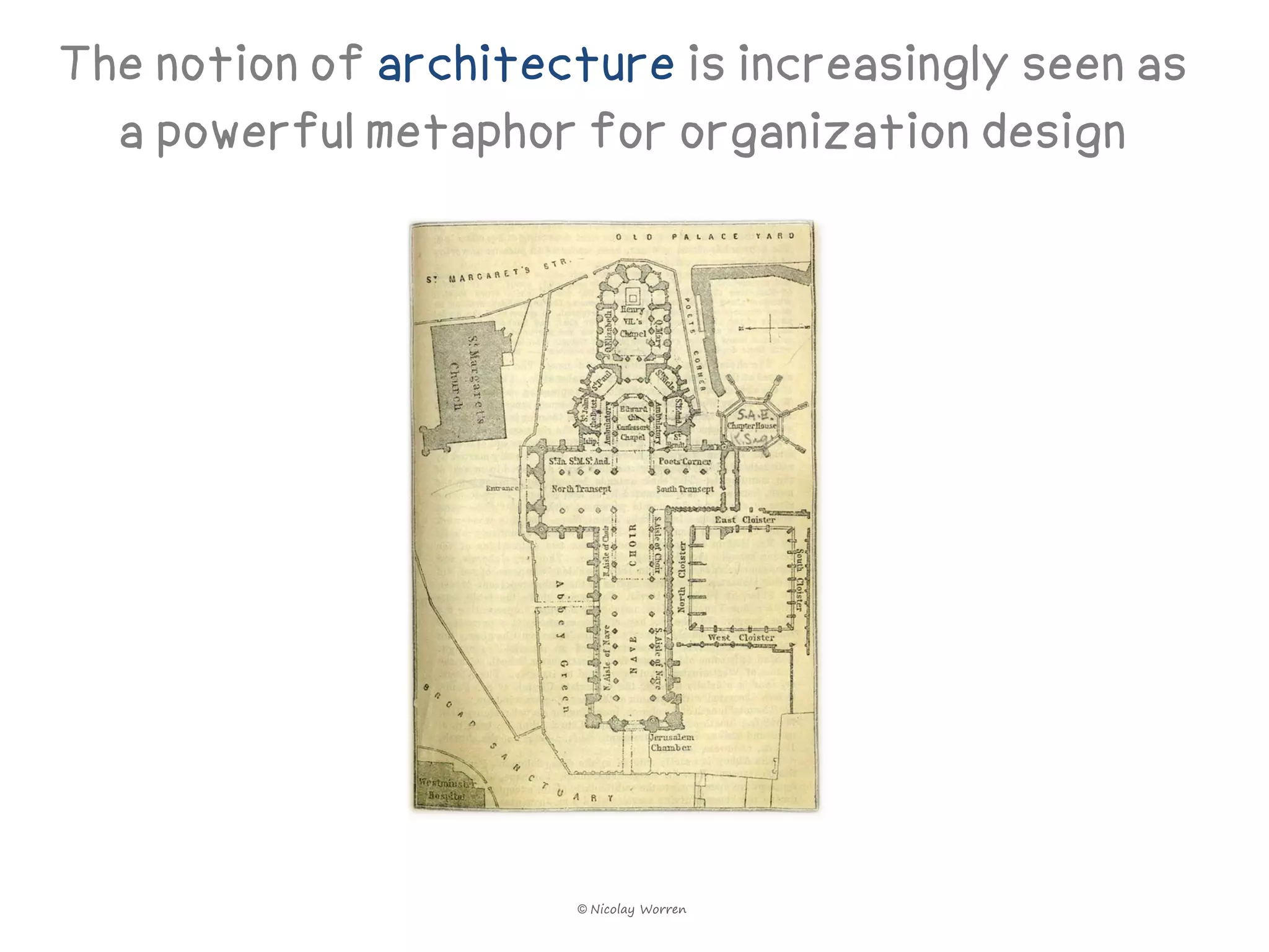 The notion of architecture is increasingly seen as
  a powerful metaphor for organization design




                       © Nicolay Worren
 