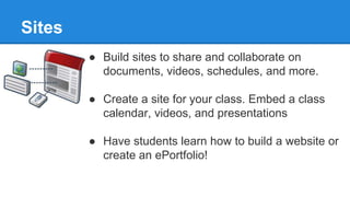 Sites
● Build sites to share and collaborate on
documents, videos, schedules, and more.
● Create a site for your class. Embed a class
calendar, videos, and presentations
● Have students learn how to build a website or
create an ePortfolio!
 