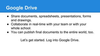 Google Drive
● Share documents, spreadsheets, presentations, forms
and drawings.
● Collaborate in real-time with your team or with your
whole school.
● You can publish final documents to the entire world, too.
Let’s get started. Log into Google Drive.
 